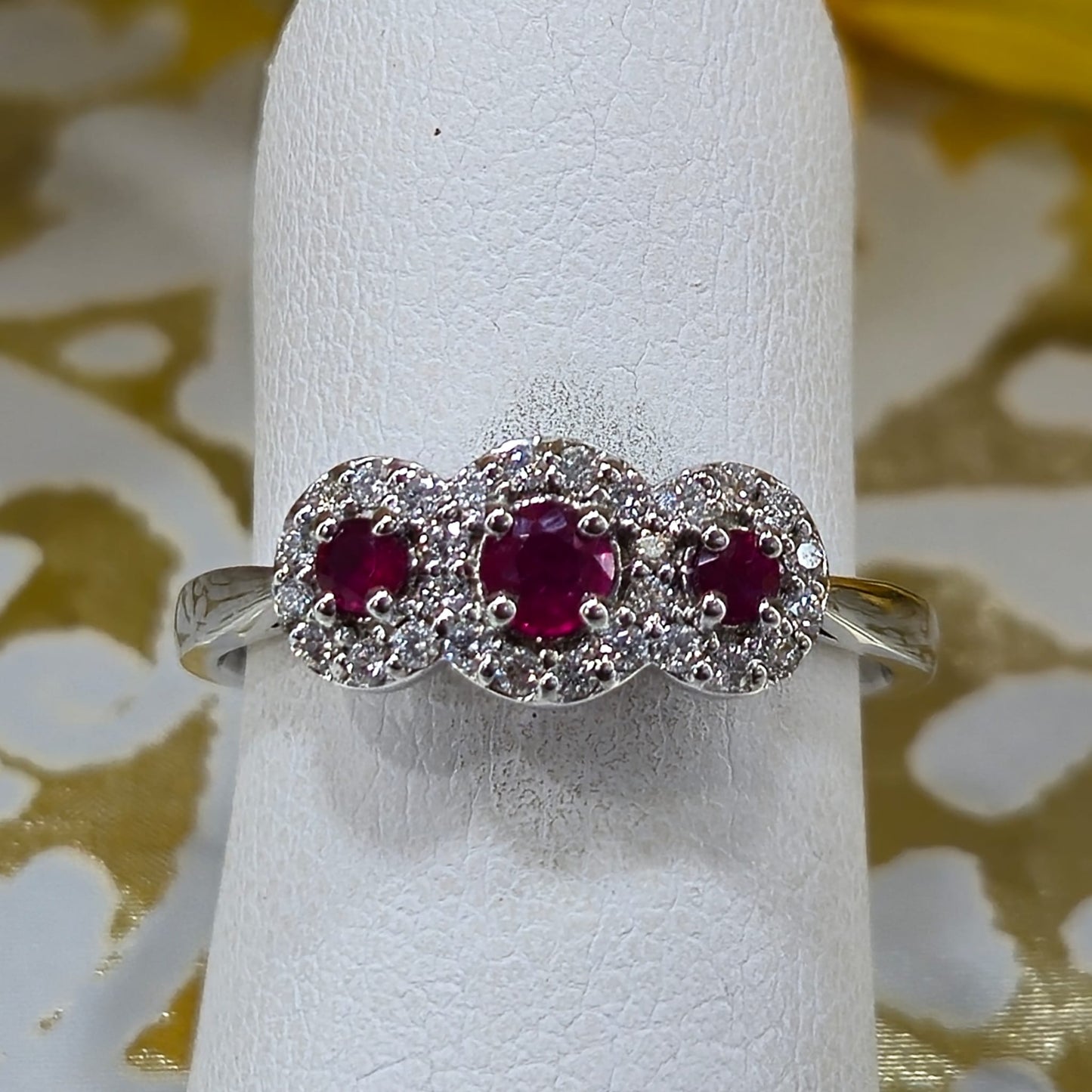 9ct White Gold 3 Stone Ruby and Diamond Ring