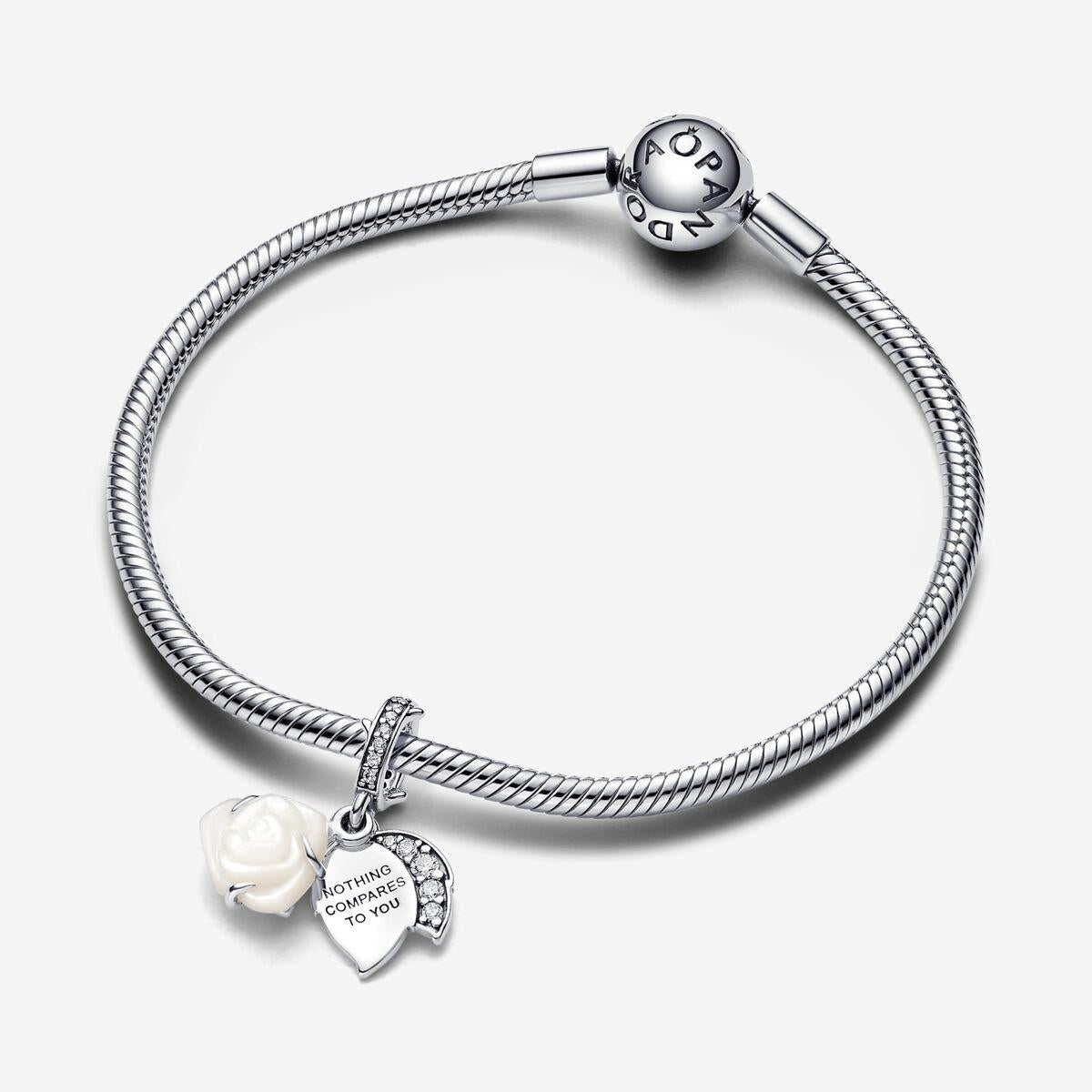 White Rose in Bloom Double Dangle Charm