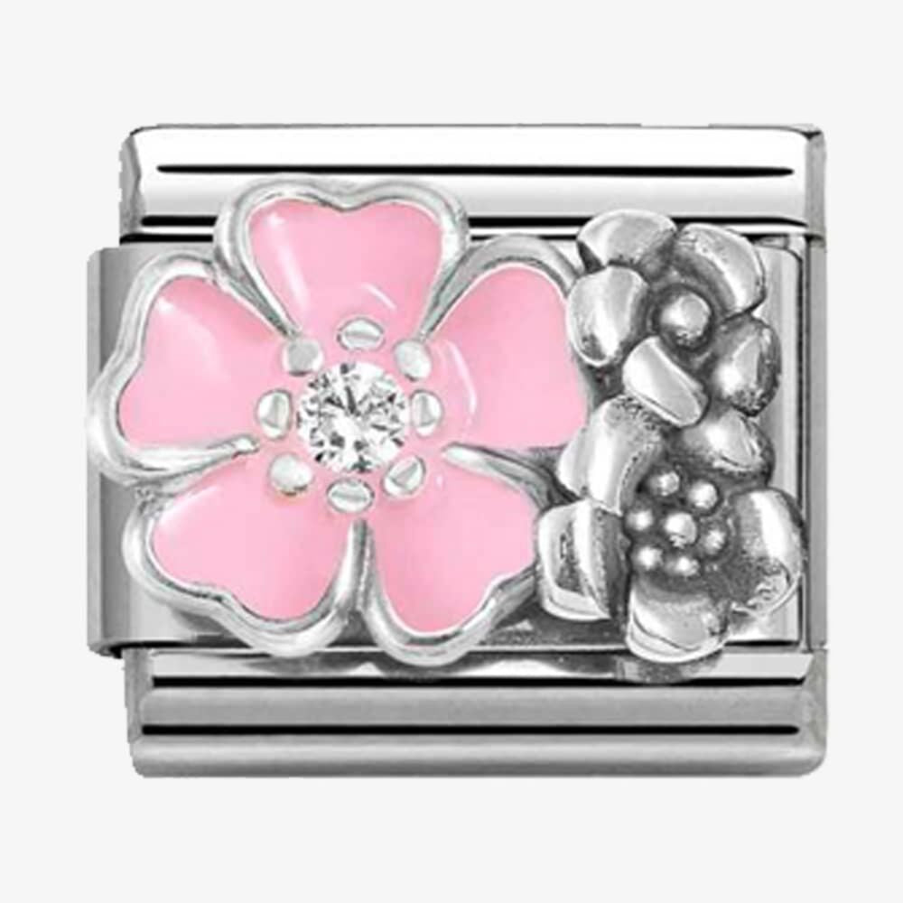 CLASSIC Silvershine Oxidised & Pink Enamel Flowers Charm