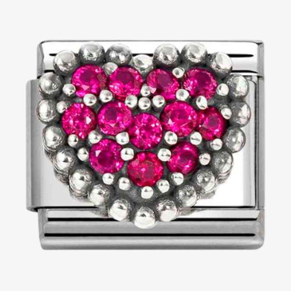 Stainless Steel & Silver Pink Cubic Zirconia Dotted Heart Charm