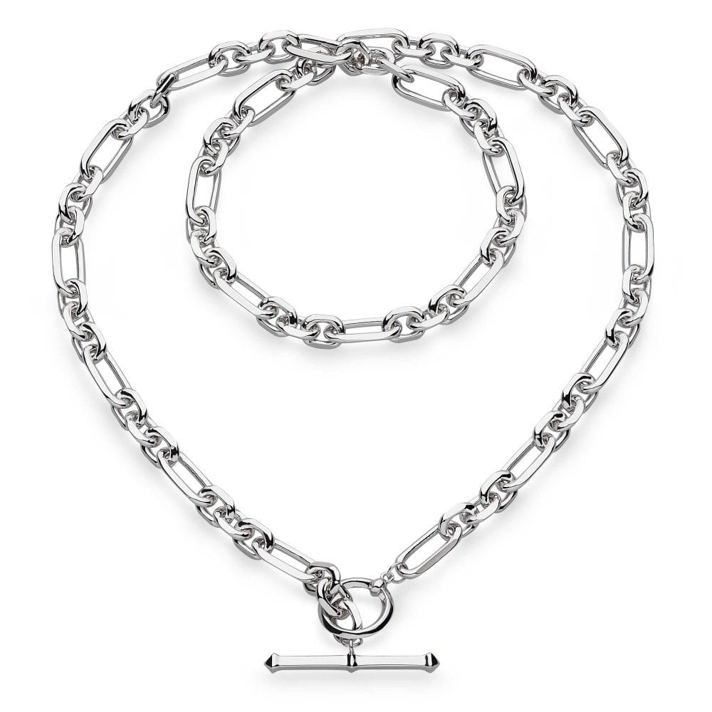 Kit Heath Sterling Silver Revival Figaro Chain Link T-bar Necklace - necklace silver links, wearing bracelet.