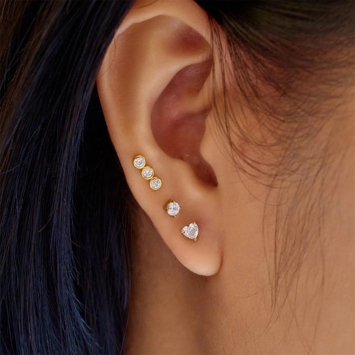 Gold Triple Stone Bezel Barbell Single Earring