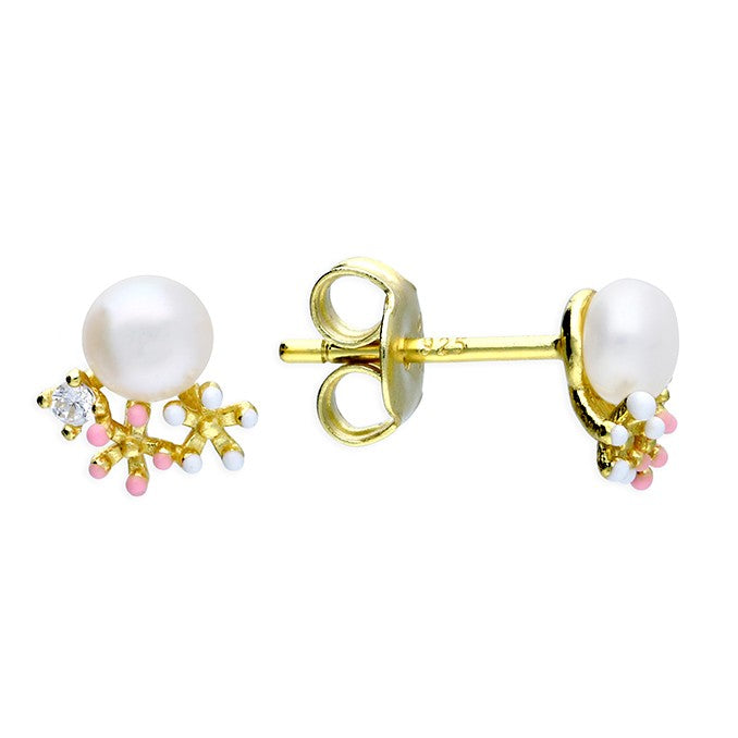 Sterling Silver Gold Plated Pearl Flower Stud Earring