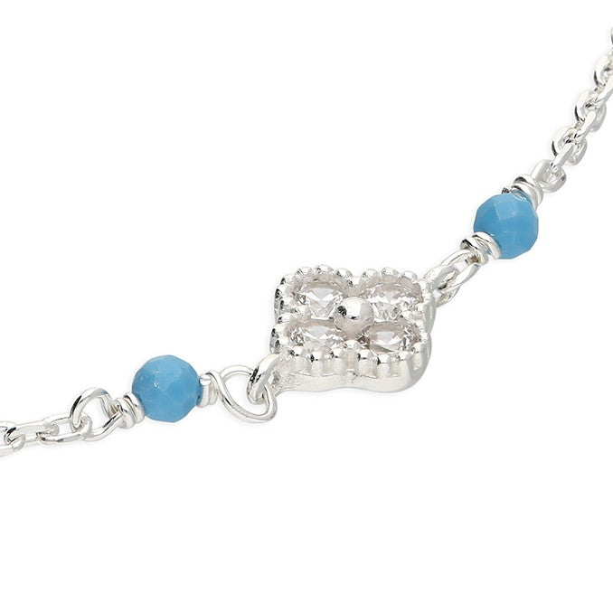 Sterling Silver Turquoise Beads And Quatrefoil Charm Anklet, 25cm.