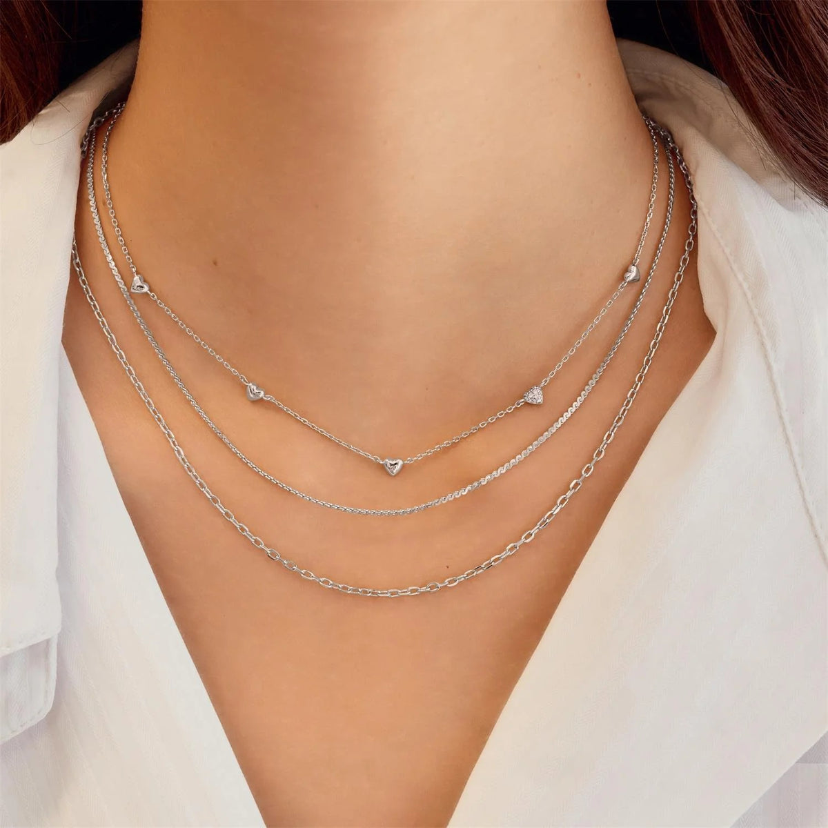 Silver Pavé Puffed Heart Station Necklace