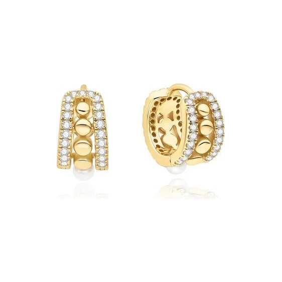 Gold Sparkling Shell Pearl Row Huggie Hoop Earrings