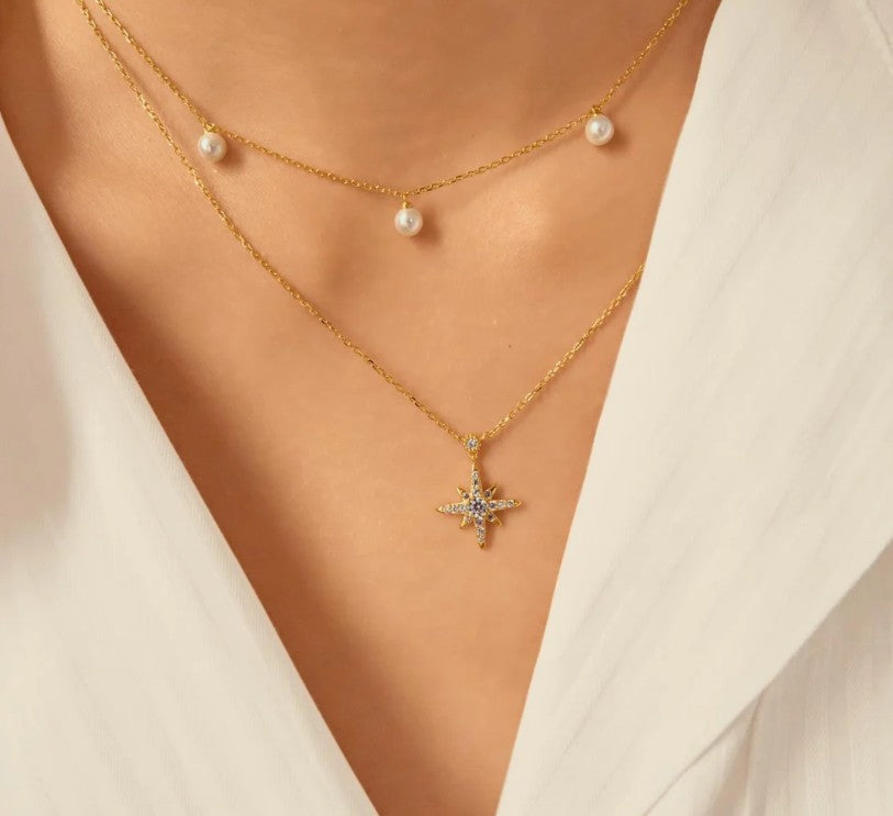 Gold Triple Shell Pearl Station Necklace