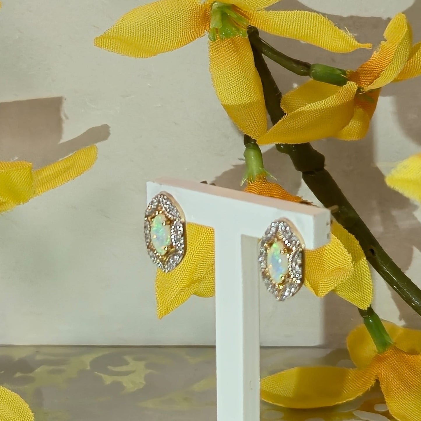 9ct Yellow Gold Opal and Diamond Dress Stud Earrings