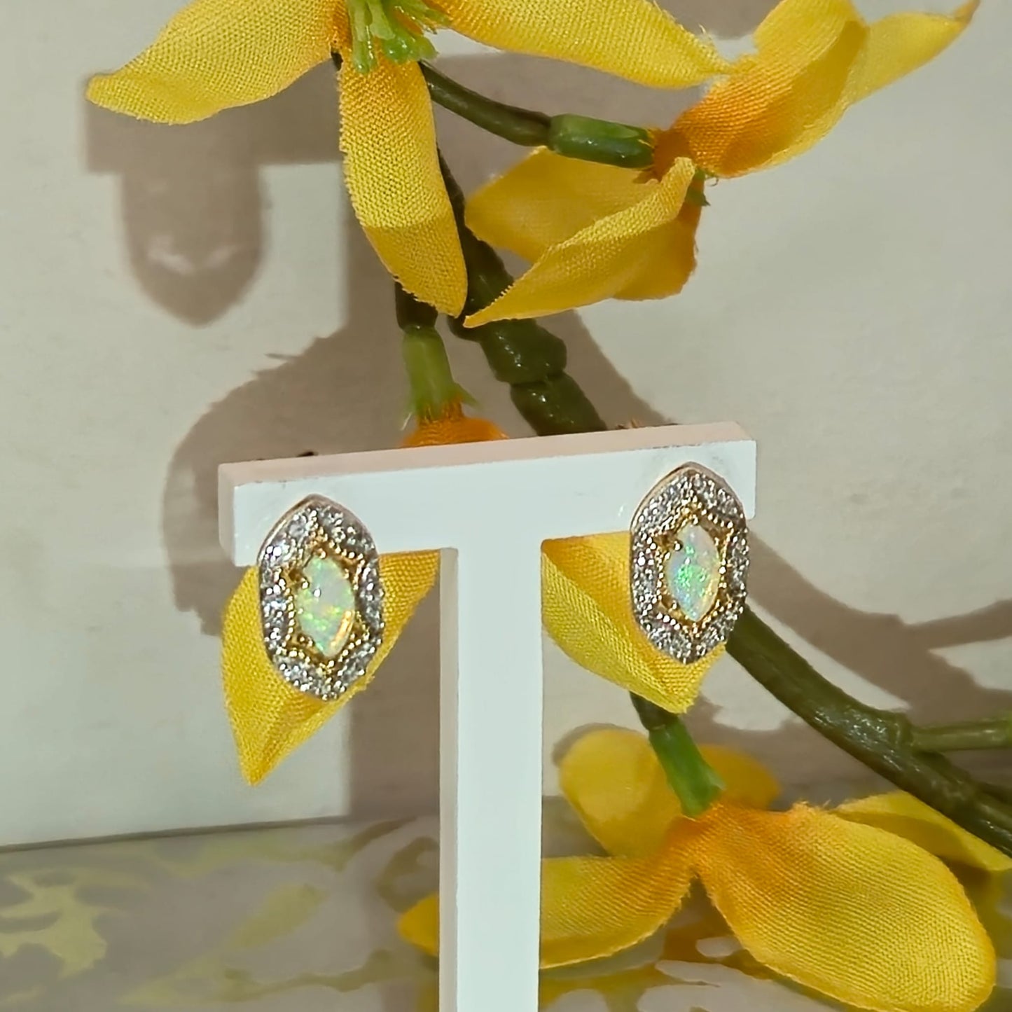 9ct Yellow Gold Opal and Diamond Dress Stud Earrings