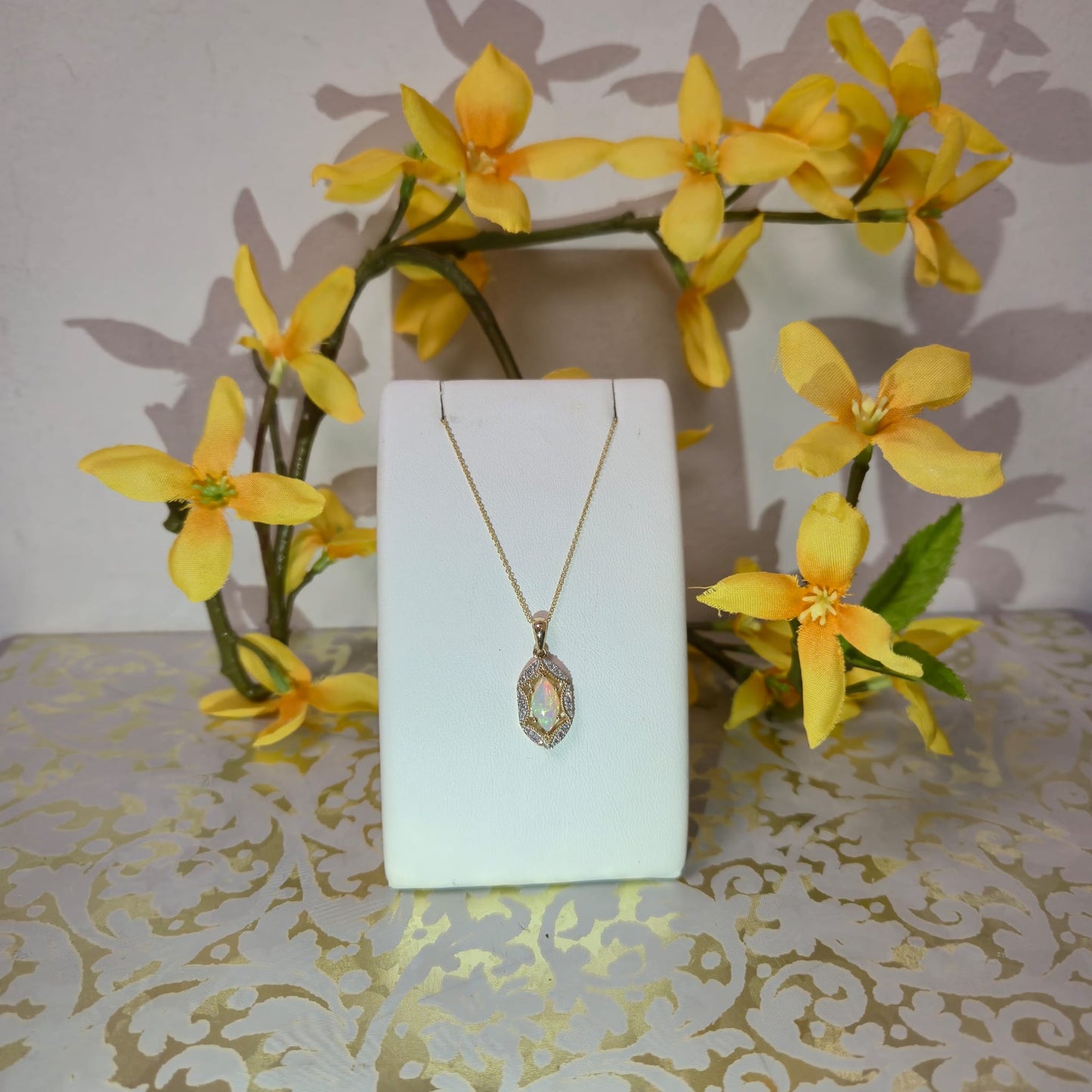 9ct Yellow Gold Opal and Diamond Pendant on 18 inch chain