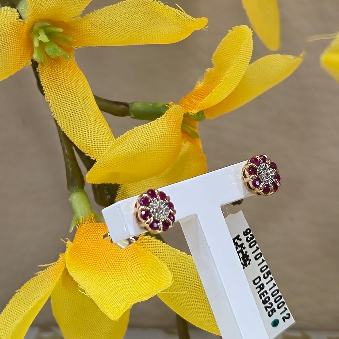 9ct Yellow Gold Ruby and Diamond Cluster Stud Earrings