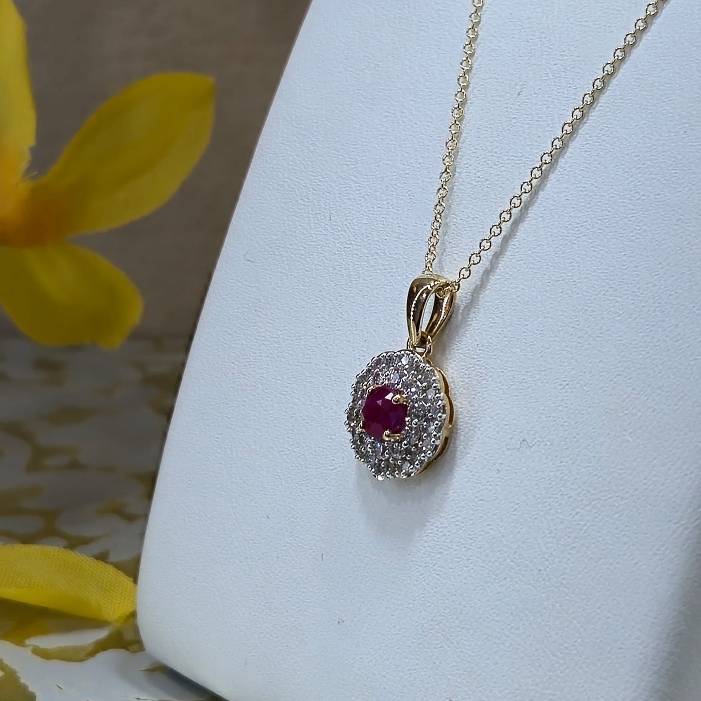 9ct Yellow Gold Ruby and Diamond Cluster Pendant on 18 inch chain
