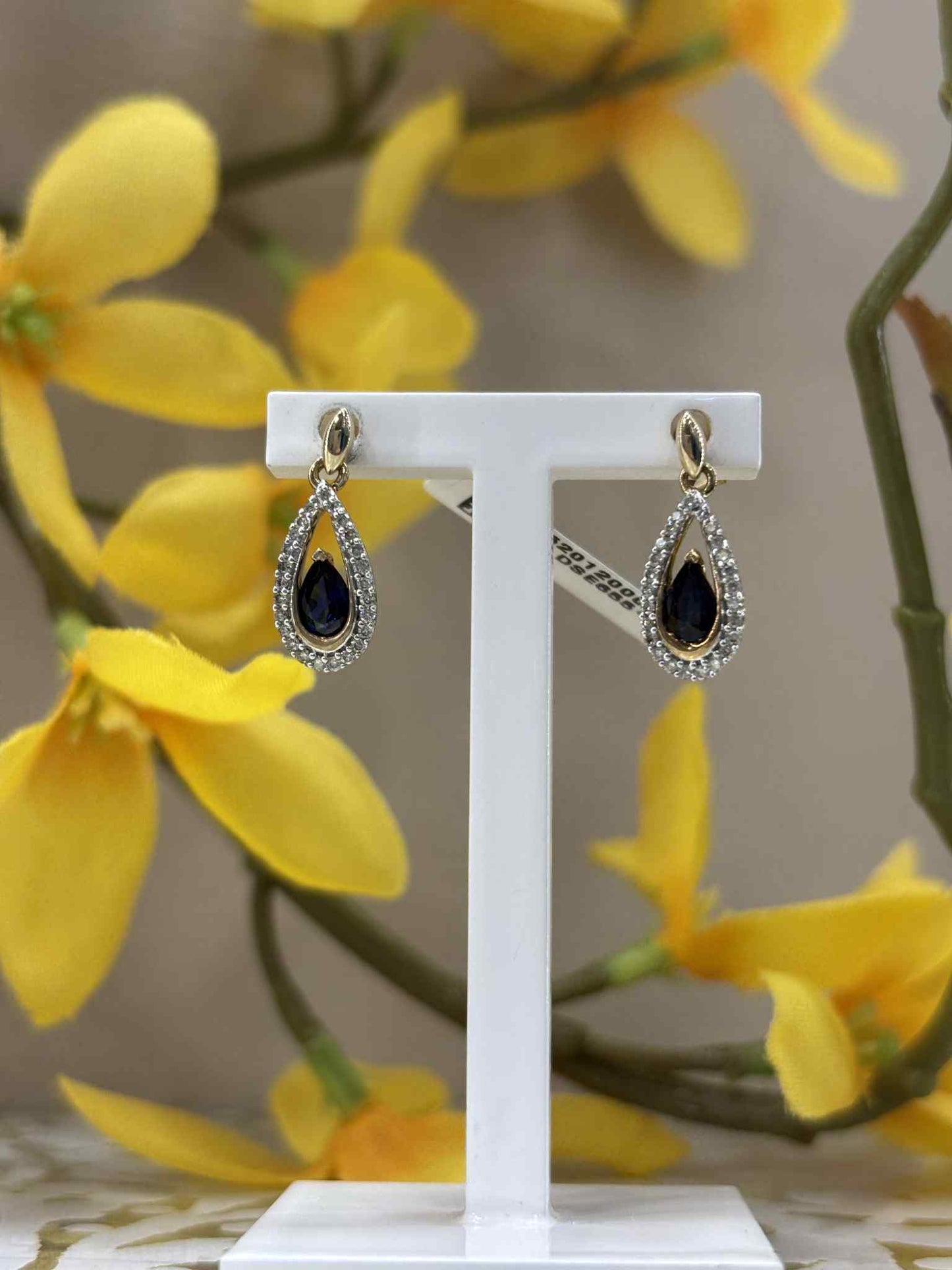 9ct Yellow Gold Sapphire and Diamond Drop Earrings