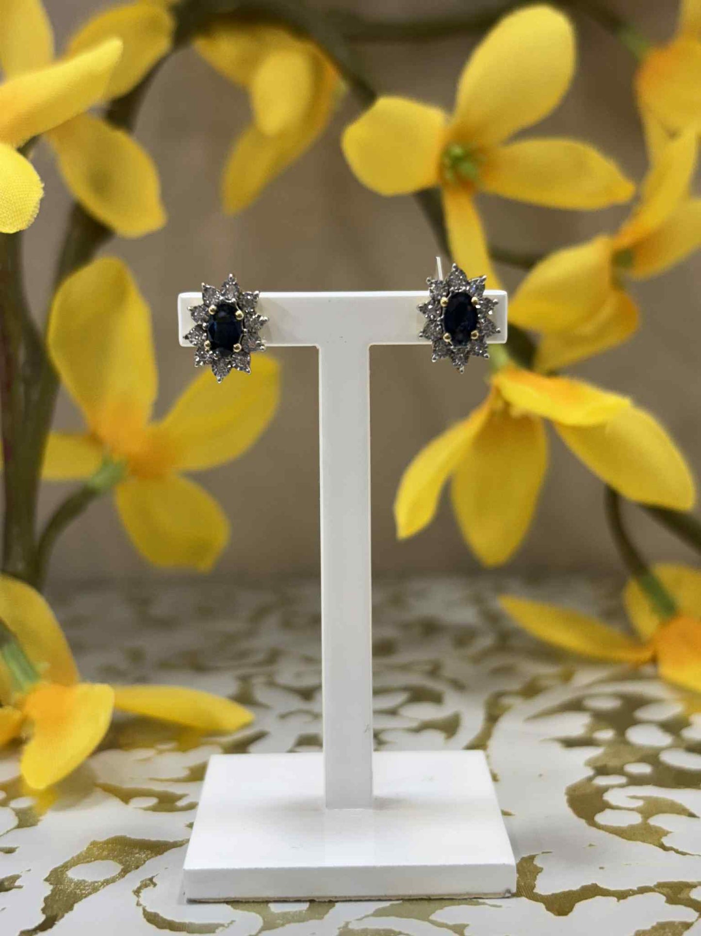 9ct Yellow Gold Sapphire and Diamond Cluster Stud Earrings