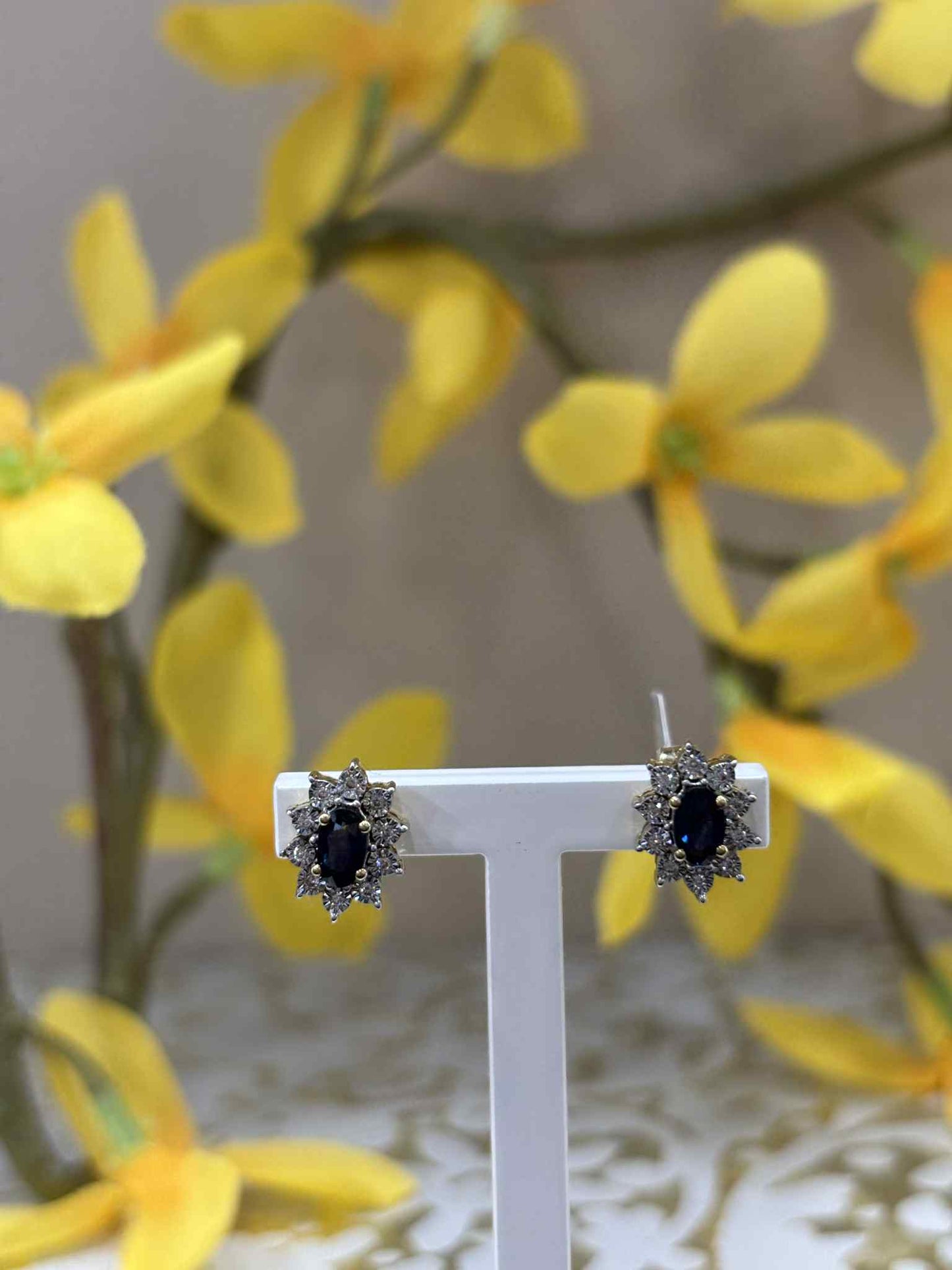 9ct Yellow Gold Sapphire and Diamond Cluster Stud Earrings