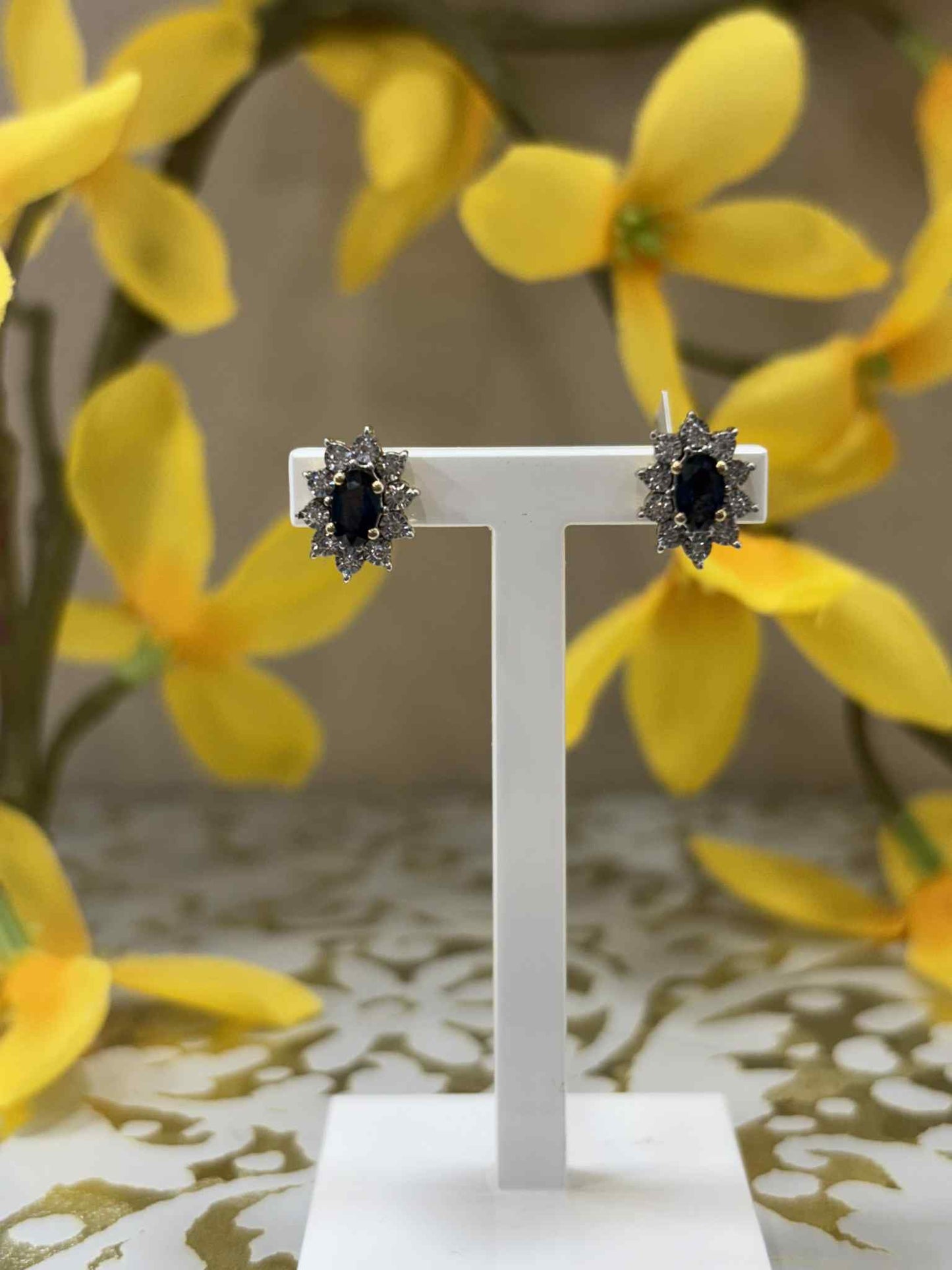 9ct Yellow Gold Sapphire and Diamond Cluster Stud Earrings
