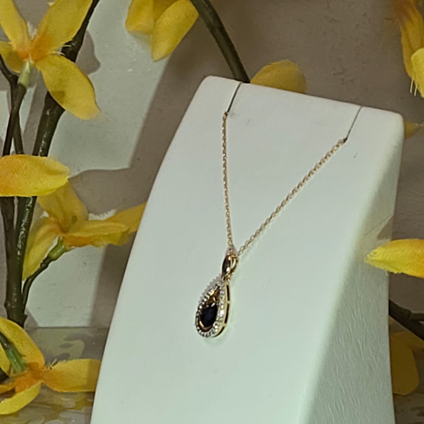 9ct Yellow Gold Sapphire and Diamond Teardrop Pendant on 18 inch chain