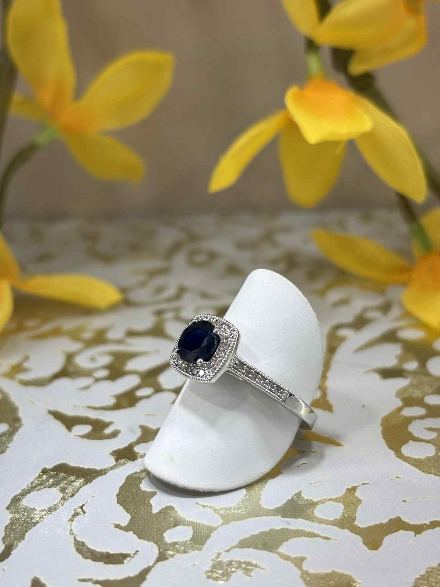 9ct White Gold Sapphire and Diamond Square Cluster Ring