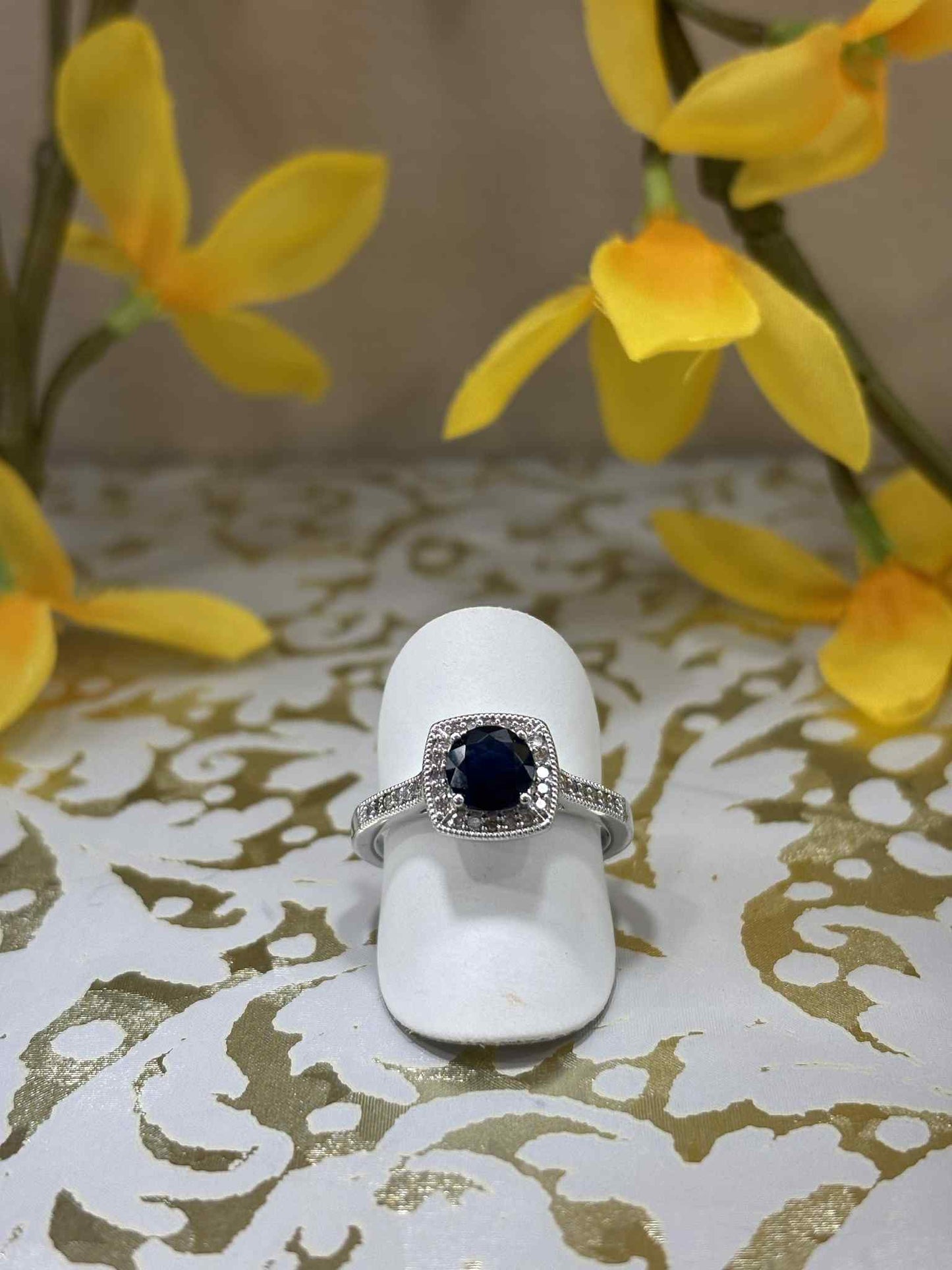 9ct White Gold Sapphire and Diamond Square Cluster Ring