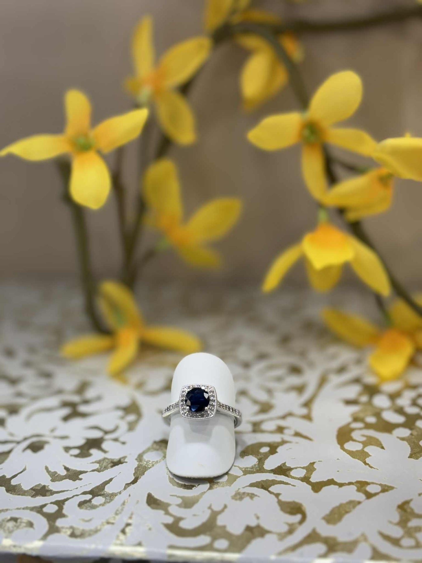 9ct White Gold Sapphire and Diamond Square Cluster Ring
