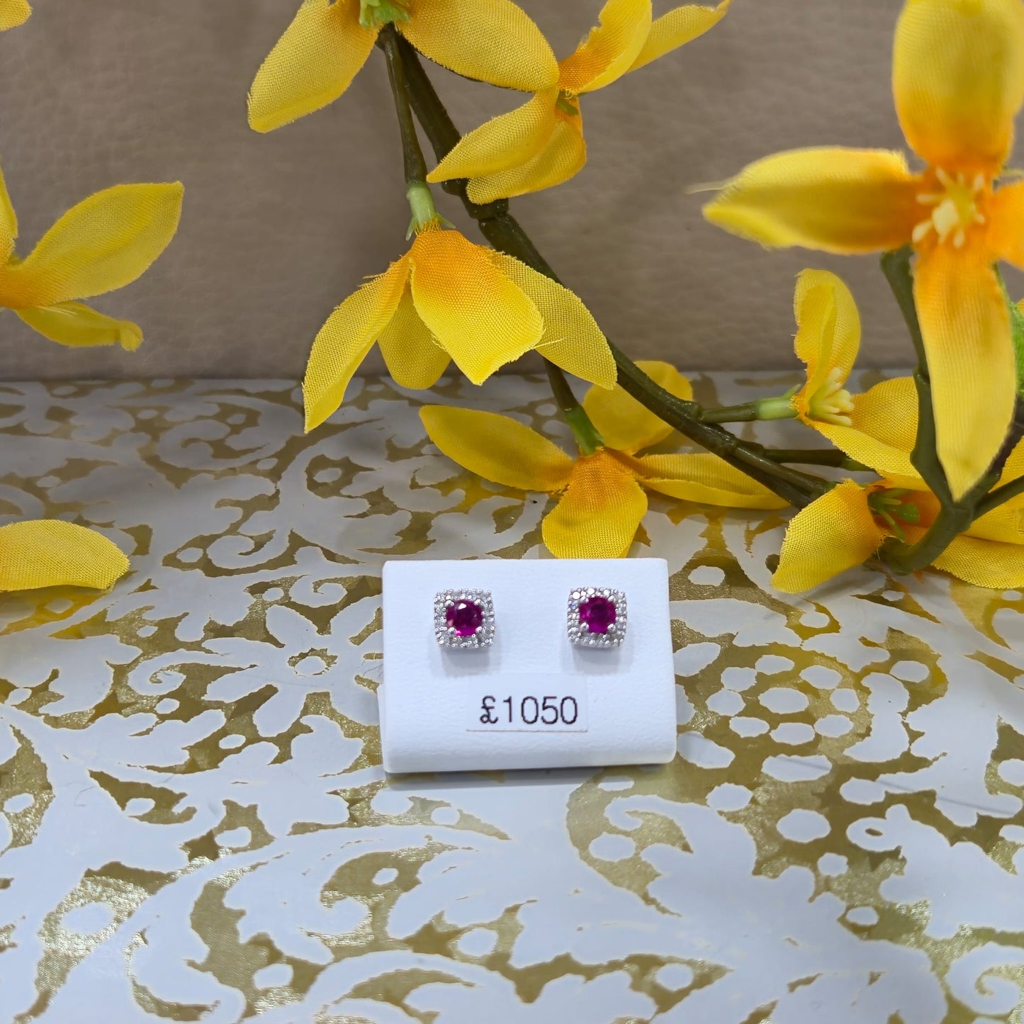 18ct White Gold Ruby and Diamond Square Stud Earrings