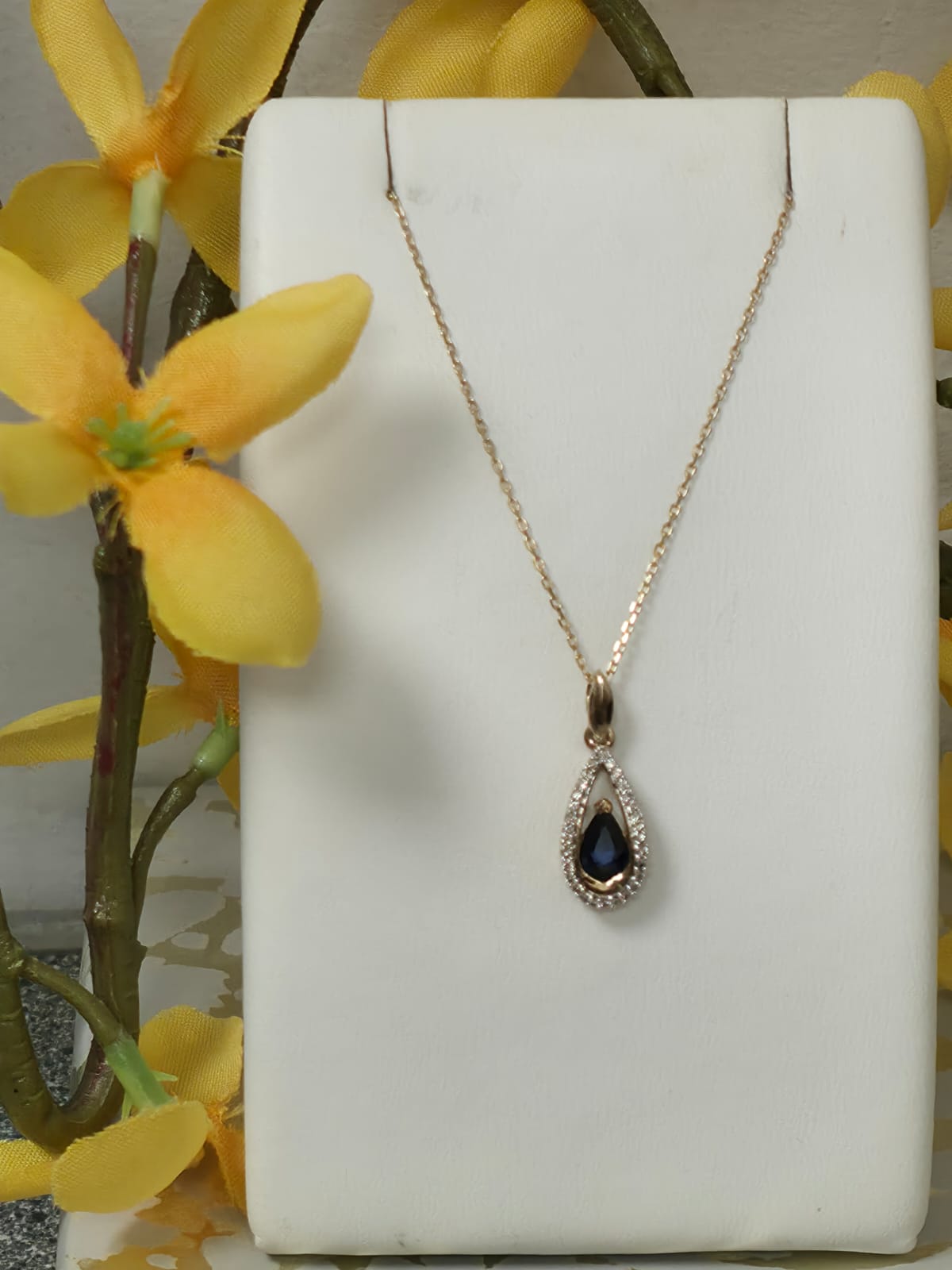 9ct Yellow Gold Sapphire and Diamond Teardrop Pendant on 18 inch chain