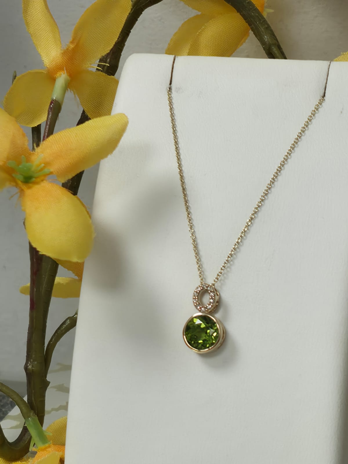9ct Yellow Gold Peridot and Diamond Pendant on 18 inch chain