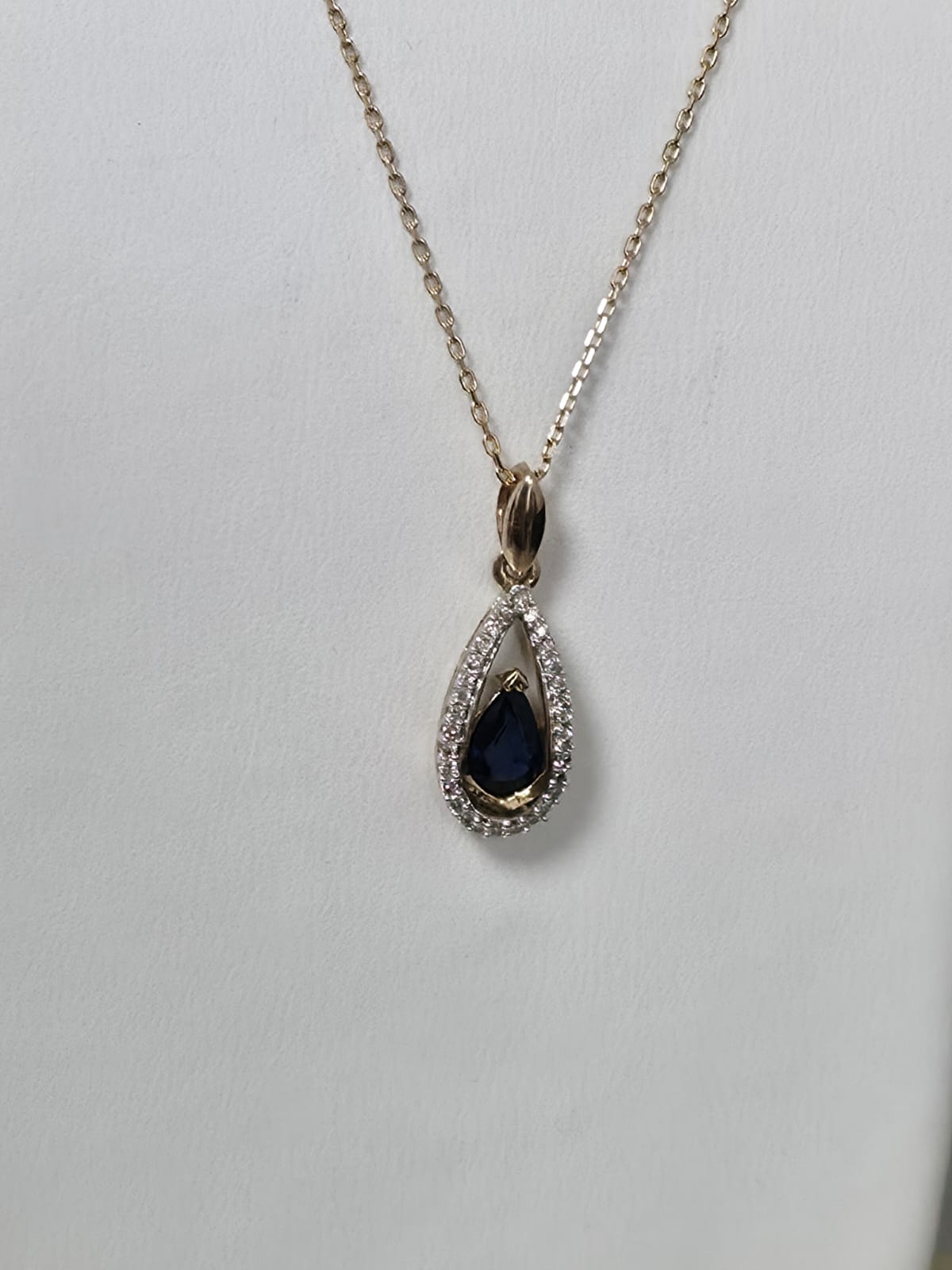 9ct Yellow Gold Sapphire and Diamond Teardrop Pendant on 18 inch chain