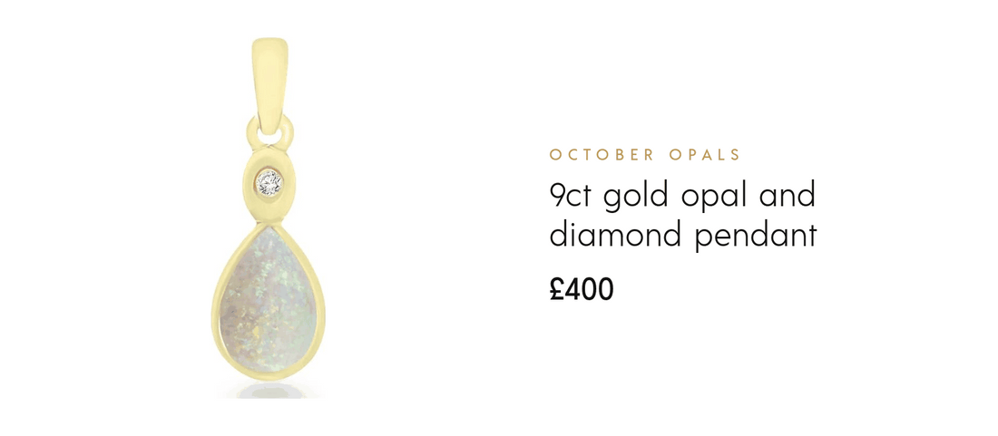 October opals at G W Pack Jewellers: pendants, drop earrings, charms, a ring and a stud
