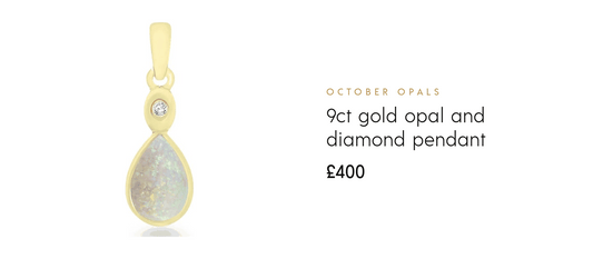 October opals at G W Pack Jewellers: pendants, drop earrings, charms, a ring and a stud