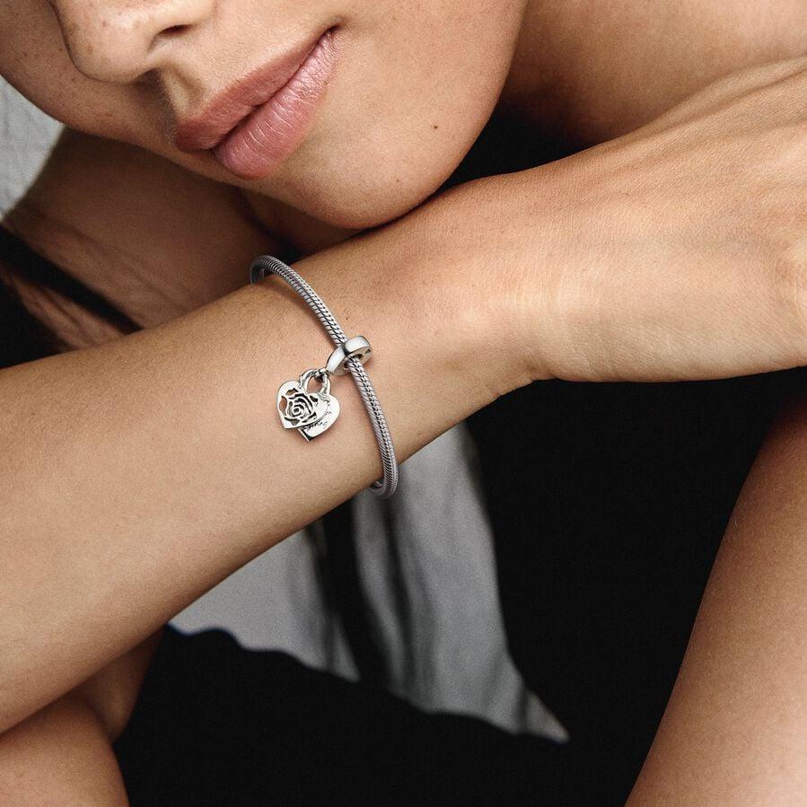 Silver Rose Heart Drop Charm