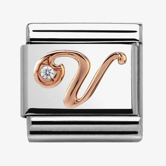 Composable Classic Link Letter V in Rose Gold and Cubic Zirconia