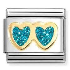 Composable Classic Link, Double Heart, Turquoise Glitter