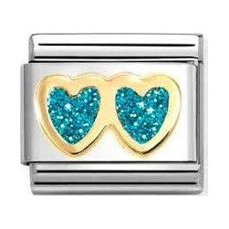 Composable Classic Link, Double Heart, Turquoise Glitter