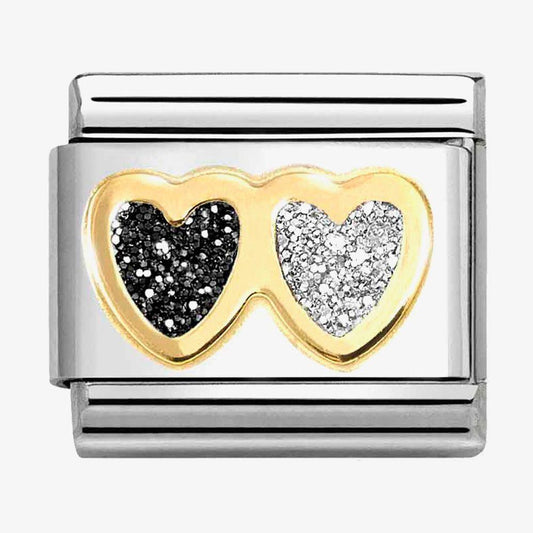 Composable Classic Link, Double Heart, Black & Silver Glitter