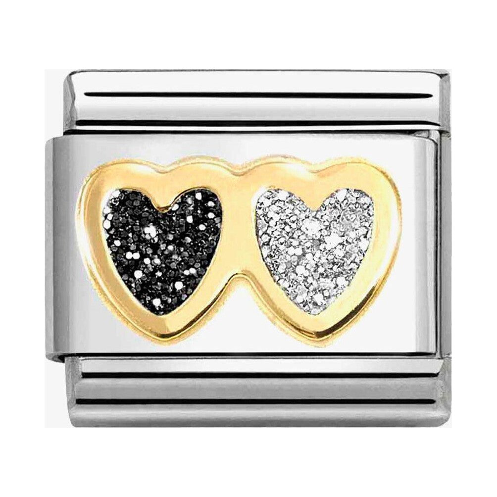 Composable Classic Link, Double Heart, Black & Silver Glitter