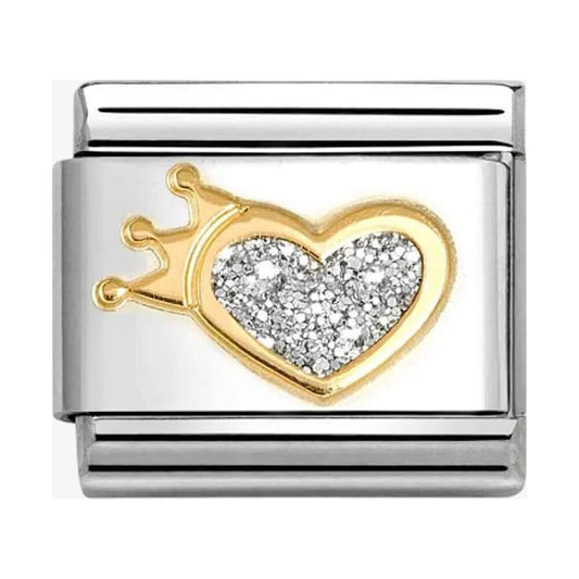 CLASSIC Stainless Steel & 18ct Yellow Gold Glitter Heart With Crown Charm