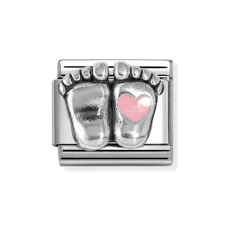 CLASSIC Silvershine Silver Pink Heart Baby Feet Charm