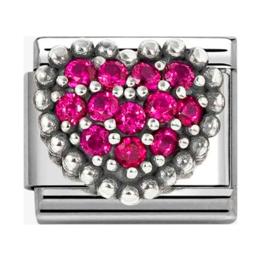 Stainless Steel & Silver Pink Cubic Zirconia Dotted Heart Charm