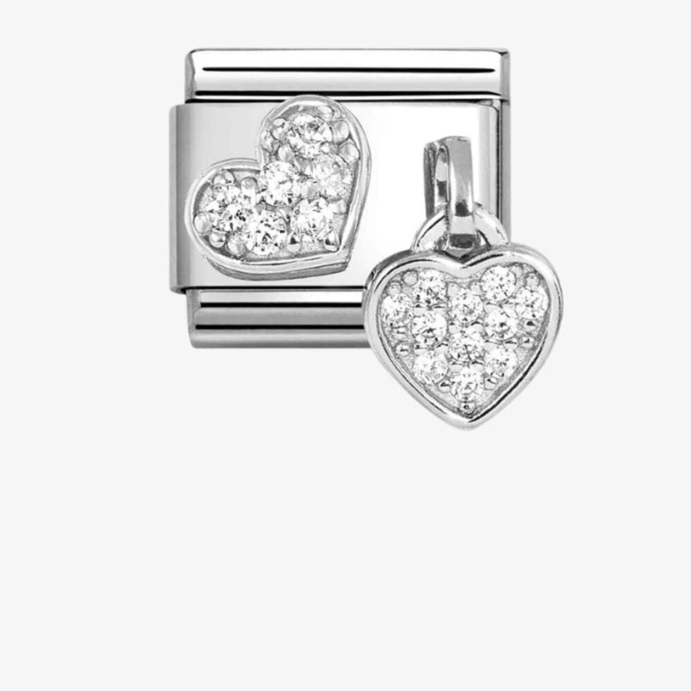 Stainless Steel & Silver Cubic Zirconia Double Heart Charm