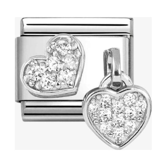 Stainless Steel & Silver Cubic Zirconia Double Heart Charm