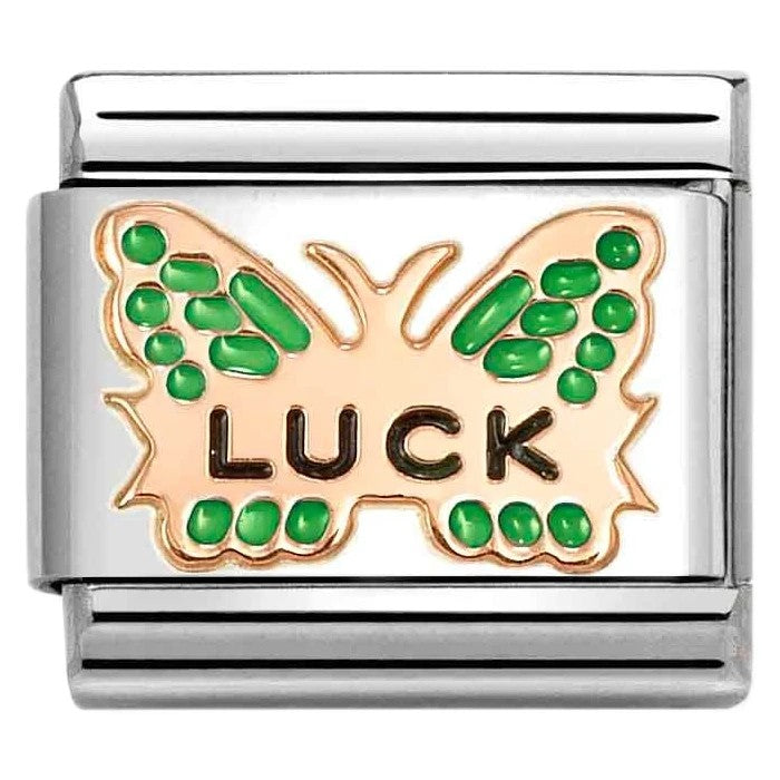 Classic Rose Gold 'Luck' Green Butterfly Charm