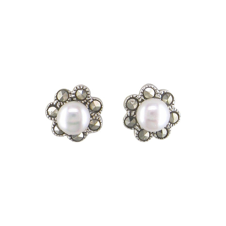 Sterling Silver Marcasite And Freshwater Pearl Stud Earrings