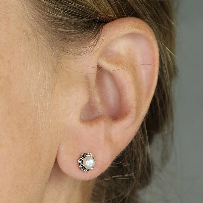 Sterling Silver Marcasite And Freshwater Pearl Stud Earrings