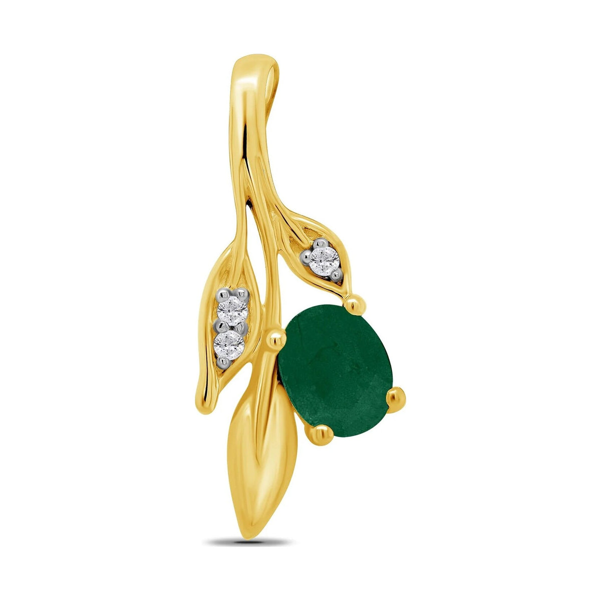 9ct gold 5x4mm oval emerald & diamond set leaf pendant 0.02ct