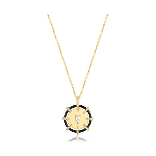 Gold necklace with cubic zirconia and black enamel