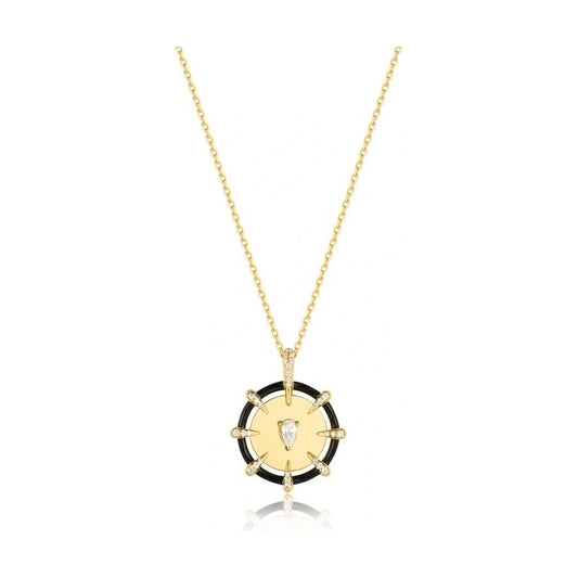 Gold necklace with cubic zirconia and black enamel