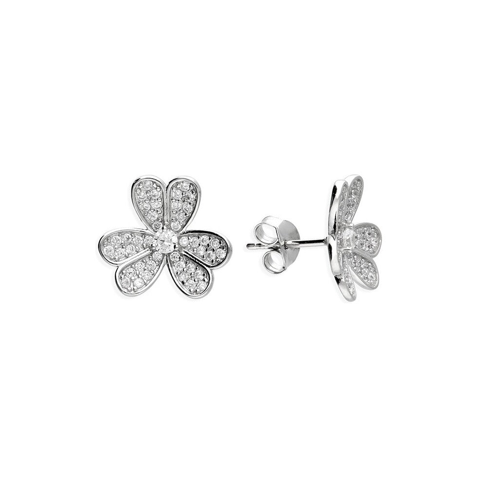 Sterling Silver Cubic Zirconia Clover Stud Earrings