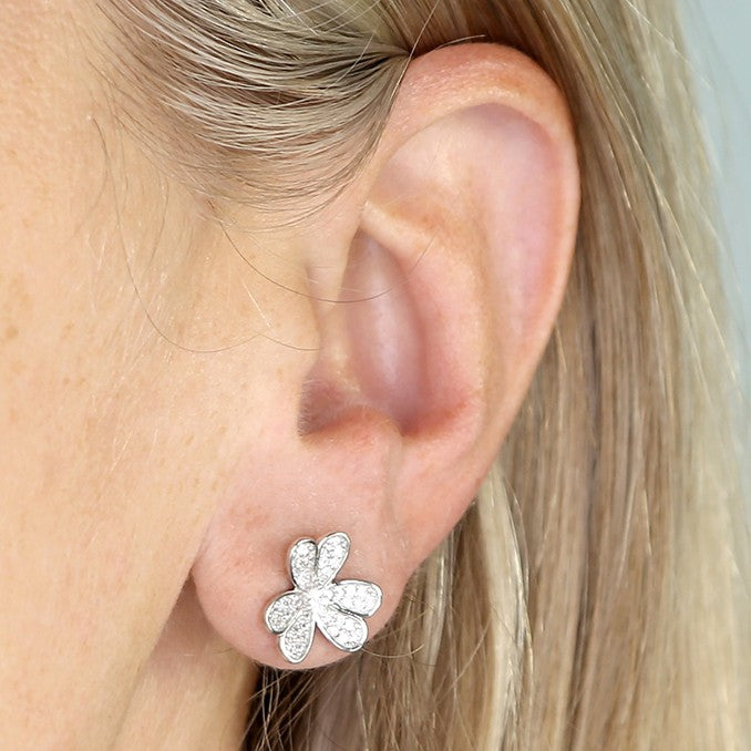 Sterling Silver Cubic Zirconia Clover Stud Earrings