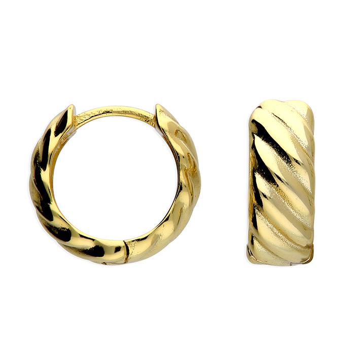 Yellow gold plated wide ribbed huggie hoop